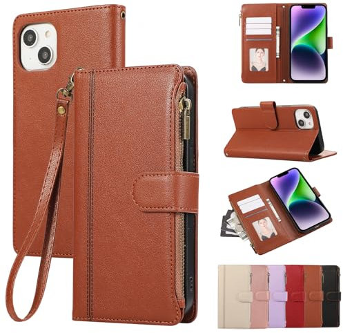 Rosbtib Handyhülle für iPhone 14 / iPhone 13 6.1 Zoll Lederhülle Reißverschluss Magnetverschluss Brieftasche mit 4 Kartenfächern Standfuntion Retro Ledertasche iPhone 14/iPhone 13 Hülle, Braun