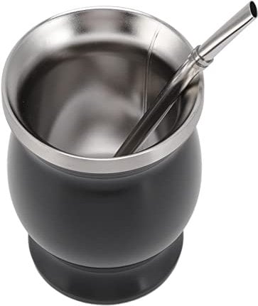 Yerba Mate Cup, Mate Set 230ml Double Walled Black Traditional Yerba Mate Kit with Straw Spoon and Brush for Coffee, Tea, Cold Drinks