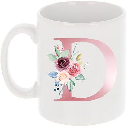 Monogrammed Floral Letter D Ceramic 11 Oz Personalised Mug Pink, Custom Initial Mugs for Women, Bridesmaids, Mums, Birthdays – Stylish Large coffee cup, Tea, Hot Chocolate, Office or Home Use