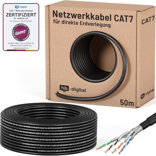 HB-DIGITAL Cavo di rete CAT 7 Outdoor per posa diretta a terra S/FTP AWG23/1 puro rame doppio rivestimento in PVC + LLDPE resistente ai raggi UV PoE 10 Gbit/s Ethernet per esterni - nero