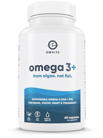 Omvits Vegan Omega 3 DHA & EPA from Algae Oil 1000mg - 60 Softgel Capsules with Vitamins C and E - Sustainable Algae Oil Omega 3 to Fish Oil - Vegetarian Fatty Acids - Supports Heart, Brain & Eyes
