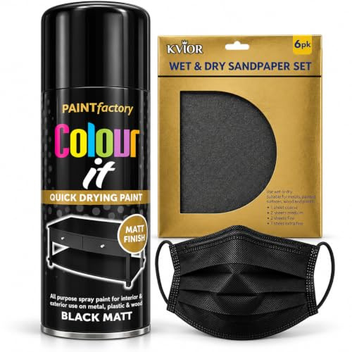 KVIOR Matt Black Spray Paint 400ml Spray Paint Black Kit Mask & Sandpaper | For Wood, Metal, Plastic, and Furniture, DIY Repairs, Bundled with Face Mask
