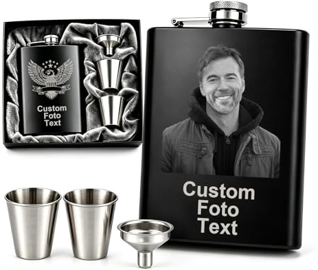 Personalisierter Flachmann Foto Gravur Edelstahl Taschenflasche Bild | Geschenk für Männer Papa Ehemann Trauzeuge Vatertag Hochzeit Geburtstag Personalisierte Taschenflasche mit Foto Gravur