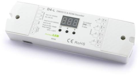 meanLED D4-L 4-Kanal Constant Voltage DMX512 & RDM Decoder 12-24V RGBW dimmer Controller 4CH 5A/CH Auto Funktion 2 PWM Frequenzen 2000Hz/ 200Hz