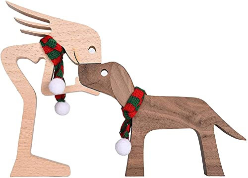 Qklovni Holzskulpturen, handgefertigte Akzente, Bastelfigur für Heimdekoration, Akzente, Familie und Welpen, Holzhandwerk, Skulptur für Zuhause, Büro, Wohnzimmer (Frauen und Hundeschal)