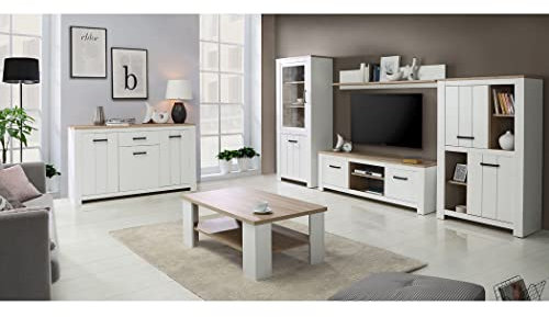 expendio Wohnzimmer Eike 31 weiß Eiche Bianco 6-teilig Wohnwand TV-Wand Vitrine Highboard Lowboard Wandregal Couchtisch Sideboard