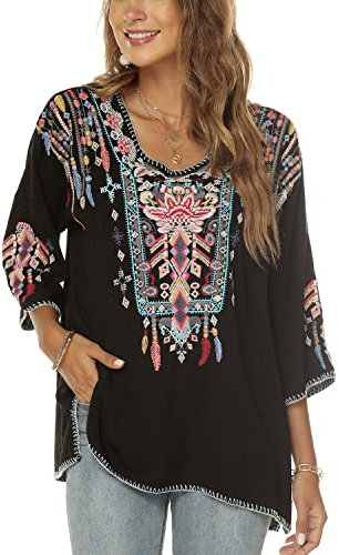 Vakakado Boho Stickerei Bluse Hippie Kleidung Damen 70er 80er Jahre Bekleidung Bohemian Folklore Besticktes Tunika 3/4Ärmel elegant Oberteile, Schwarz-S