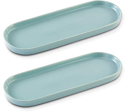 Ceramic Sink Tray, Bathroom Counter Tray, Bathtub Tray, Cosmetics Dish, Candle Tray, Perfume Shampoo Liquid Soap Tray Simple Style Design Suit for Bathroom and Kitchen (2pcs Blue)