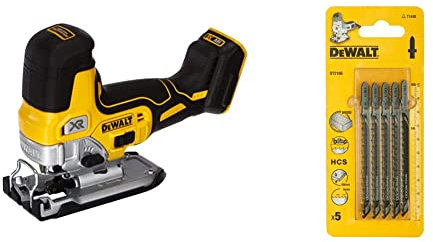 DeWalt DCS335N-XJ 18V XR Li-Ion Cordless Brushless Grip Jigsaw Body Only & DeWalt DT2166QZ Jigsaw Blades for Wood T-Shank HCS T144D