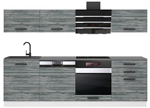 Belini Küchenzeile Küchenblock Linda - Küchenmöbel 240 cm Einbauküche Vollausstattung ohne Elektrogeräten mit Hängeschränke und Unterschränke, mit Arbeitsplatten, Glamour Wood
