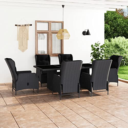 Gecheer 7-TLG. Garten Essgruppe 6 Personen, Sitzgruppe Terrasse, Esstisch + Gartensessel mit Liegefunktion, Sitzgarnitur Poly Rattan Dunkelgrau