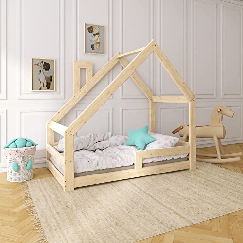 Need Sleep Kinderbett Kinder Hausbett 90x200 Bodentief mit Rausfallschutz Lattenrost Schornstein Kleinkind Bodenbett Haus ab 2 Jahre Montessori Bett aus Holz Mädchen Junge Asymmetrisch
