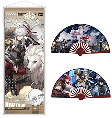 MOTAO Honkai Star Rail Poster mit Handfächer, Star Rail Figuren Anime Rollbild Stoff Poster Scroll Gemälde und Faltbare Handfächer, Raumdekoration Geschenk, 75×25cm (Jing Yuan)