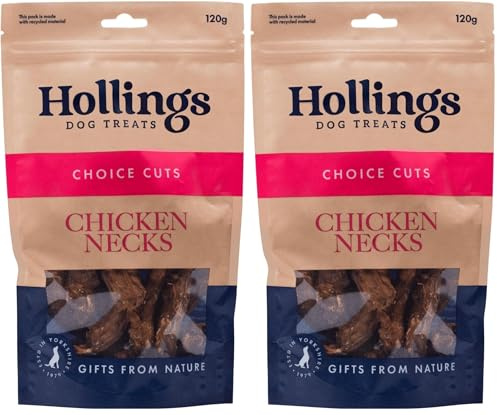 Hollings Chicken Necks Dog Treats, 100% Natural Air Dried Chew Treats for Adult Dogs, Grain Free and High in Protein (120g) (Pack of 2)