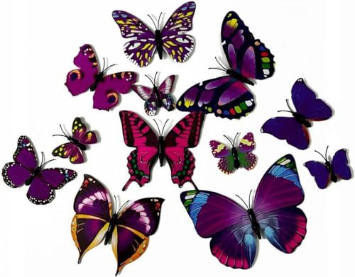 YSAMAX 12 x Three-Dimensional Butterflies Magnets, Décor For Garden Or Indoors, Fridge Magnet Or Sticky Tab Mixed Sizes, Convenient Installation, (Purple)