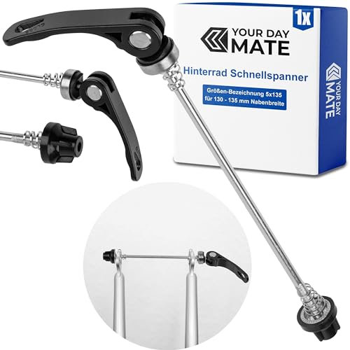 Your Day Mate Sgancio rapido per Ruota Posteriore, 1 pz, Nero, Misura 5x135, per Larghezza mozzo 130-135 mm, Perno Passante per Tutti i Comuni attacchi per ASSE di Bicicletta, rimorchi per Biciclette