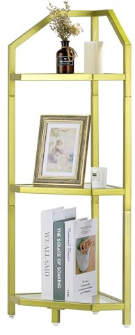 Eckregal Ständer, 3-stöckiges Glaseck-Bücherregal, Badezimmer-Aufbewahrungsregal, Pflanzenregal, gehärtetes Glas, Stahlrahmen, moderner Stil für Wohnzimmer, Badezimmer, Küche, Metallic Gold