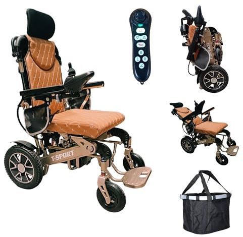 Lightweight Aluminium Electric Wheelchair Powerchair Folding Heavy Duty by T-Sport Mobility Equipment Powerful Motor and Li-ion Removable Battery