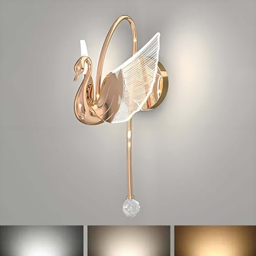 AoLa 8W LED Wandleuchte Innen Tier Schwan Wandlampe Modern 3 Farbtemperaturen 3000K/4000K/6000K Dekorativ Wandbeleuchtung aus Metall Rosengold Schwan Lampe mit Acryl Lampenschirm, für Flur Treppe