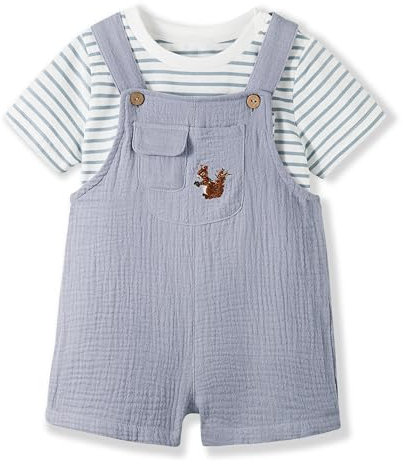 Volunboy Completi Estivi Bambino, Unisex Salopette/Tuta Corta + T-Shirt Completo 2 Pezzi Abbigliamento per 1-4 anni(Taglia 80,12-18 mesi,Blu