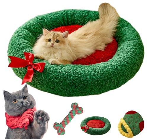 Pawsmas Dreieck Katzenhöhle mit Weihnachtsbaum, abnehmbares und waschbares Winter-Katzenbett, Katzenhöhlen für Indoor-Katzen zum Schlafen, Nickerchen, Verstecken und Spielen (A, M: für Haustiere ≤ 8
