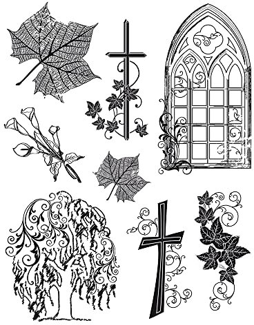 Viva Decor My Paper World Silikon-Stempel 038 Set mit 8 Stempel, Kondolenz, Clearstempel, 8 Motivstempel (Kreuz, Cala, Blatt, Fenster, Baum, Efeu Ranke)