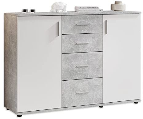 Stella Trading BOBBY Kommode in Beton-Optik, Weiß - Modernes Sideboard mit viel Stauraum für Ihren Wohnbereich - 120 x 82 x 35 cm (B/H/T)