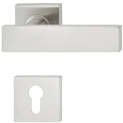 Moderner Tür-Griff Rosette quadratisch Türklinke Edelstahl Drückergarnitur für Zimmertüren | LDH 2187 | PZ - Zylinder | Edelstahl matt gebürstet | 1 Garnitur eckig - Design Türbeschläge Innentüren