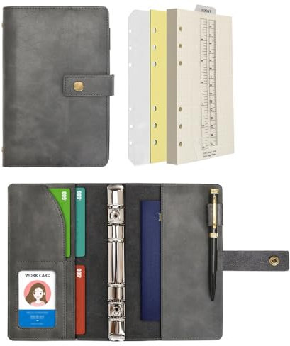 Wonderpool A6 Leder Notizbuch Nachfüllbares 6 Ringbuch Tagebuch Portfolio – Gepunktetes Papier & Innentaschen Organizer für Mann und Frau (Grau, A6)