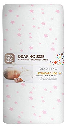 TROIS KILOS SEPT - Drap Housse Bébé - 70x140 cm - 100% Coton - Label OEKO-TEX - Jersey Extensible - Étoiles Roses
