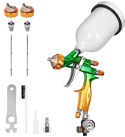 BEETRO HVLP Professional Gravity Feed Air Spray Gun, 280-320mm Wide Spray Pattern 1.3/1.4mm Nozzle with Air Control Valve, 600ml Capacity 14CFM 29psi, 1/4 Adaptor and Filter