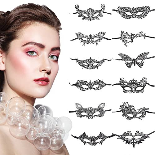 Jomnvo 12 Pieces Sexy Venetian Masquerade Masks Masquerade Ball Lace Masks Eye Spoon Costume Catwoman Eyemask for Halloween Make Up Party Favors, Black