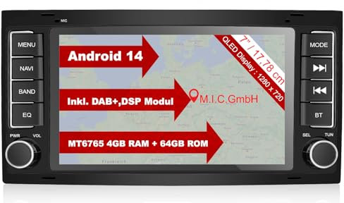 M.I.C. AVTO7-L2 Android 14 Autoradio mit navi: MediaTek MT6765V 4G+64G;7 QLED Display;4G SIM,Carplay,Android Auto,DAB+,Bluetooth 5,WiFi,GPS: Ersatz für VW T5 multivan Touareg mit RNS 2