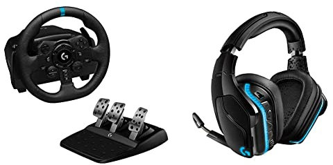 Logitech G923 Racing Wheel and Pedals - Black & 35 RGB Wireless Gaming Headset, 7.1 Surround Sound, DTS X 2.0, 50mm Pro-G Drivers, 2.4GHz, Rocker Mic, PC/Mac/PS4/Nintendo Switch - Black