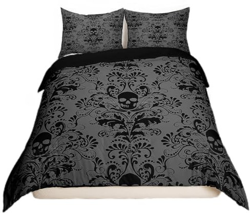 Schwarzes Damast-Bettwäsche-Set für Erwachsene, antiker viktorianischer Barock-Bettbezug, Doppelbett, Gothic, Vintage, Blumenmuster, exotischer Zuckerschädel-Steppbezug, Doppelbett, Gothic-Knochen,