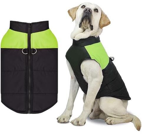 Shinmax Hundemantel mit Geschirr, Wasserdichter Winterhundemantel, Warmhaltend, Grüne Gestreifte Hundejacke XL, Für Kleine, Mittelgroße und Große Hunde, Winter