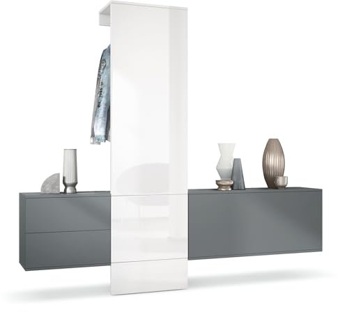 Vladon Garderobe Carlton Set 1, Made in Germany, Flur-Garderobe aus Deko-paneel, Schubladen-Kommode & Schuhschrank, Anthrazit matt/Weiß Hochglanz (209 x 193 x 35 cm)