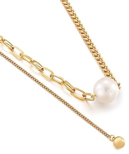Mesnt Halskette Damen Gold, Edelstahl Zwei Arten von Kette mit Perle Halskette 44cm für Frauen Gold