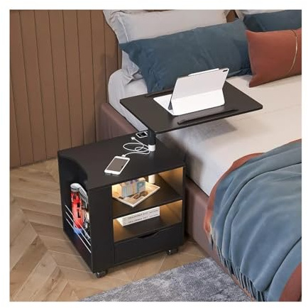 WAOCEO Bedside Table Tray USB Charging Station,Black Nightstand Has Adjustable Rotary Table, Bedside Tables Locker