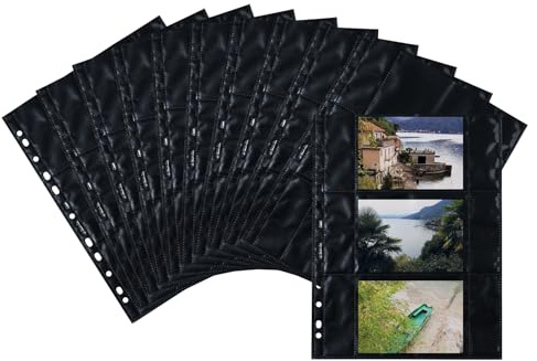 HERMA 7710 Fotohüllen für Ordner, 250 Stück, 9x13 cm quer, 3 Fächer geteilt, beidseitig bestückbare Fotophan Fotosichthüllen Sammelhüllen Postkartenhüllen Prospekthüllen mit Eurolochung, schwarz