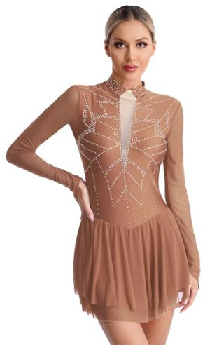 Robe de patinage artistique à manches longues avec strass - Justaucorps en tulle - Robe de ballet - Rose poudré - Taille S