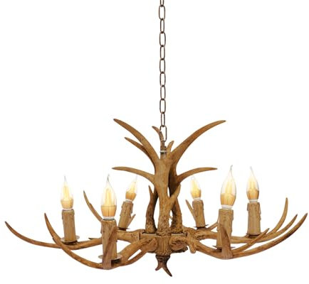 JAYEUW Geweih-Kronleuchter mit Geweih Deckenleuchte Lampe Vintage Pendelleuchte Esstisch Schlafzimmer Licht Antike Wohnzimmer Leuchten Flur Vintage-Stil Harz Hirschhorn (6 Lichter)