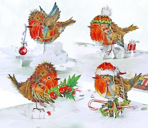 CUTPOPUP 4er Set Rotkehlchen - Weihnachtskarten, Pop Up Karte Weihnachten, Weihnachtskarte für Ehefrau, Ehemann,Tochter, ihr Mädchen, Schwester, Ihn (Set 4 Robin) US8-SET2DE