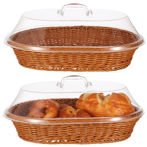 2 cestini per pane e frutta con coperchio, 35,5 x 25,4 cm, in vimini, con coperchio in acrilico, cestino per pane intrecciato con coperchio trasparente, vassoio da portata in rattan per casa, picnic,