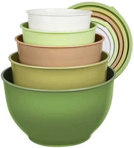 Greentainer Plastic Mixing Bowls Set with Lids, Nesting Bowls for Prepping, Serving, Cooking & Baking, Large Mixing Salad Bowl for Kitchen Storage, Dishwasher & Microwave Safe, Set of 5 (Green)