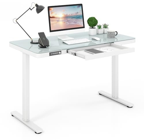 COSTWAY Height Adjustable Electric Standing Desk, 120 x 60cm Stand Up Table with Drawer, Writable Tempered Glass Top and Memory Presets, Home Office Computer Desk Writing Table (White)