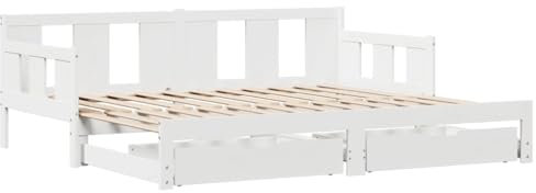 vidaXL Tagesbett, Bettsofa Ausziehbar mit Schubladen, Gästebett ohne Matratze mit Lattenrost, Ausziehbett Schlafsofa, Weiß 80x200cm Massivholz Kiefer