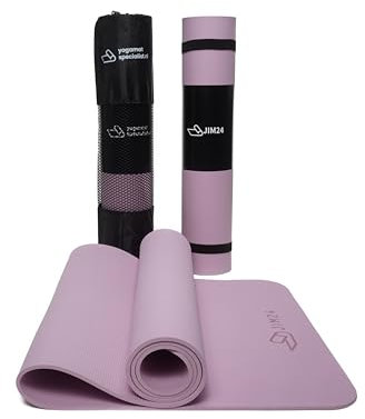 Jim24 Yogamatte 185 x 60 x 0,6 cm - Extra Dicke rutschfeste TPE Fitnessmatte - Langlebig und umweltfreundlich - Für Pilates, Yoga und Gymnastik - Inklusive Tragetasche und Gürtel (Lila)