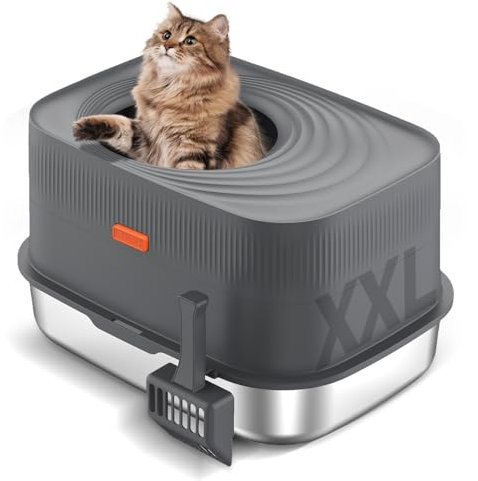 Bartuke Caja de Arena para Gatos con Tapa, Bandeja de Arena Extraíble Cerrada de Acero Inoxidable para Gatos Grandes con Entrada Superior, Pala, Antifugas, Fácil de Limpiar (Gris Oscuro)