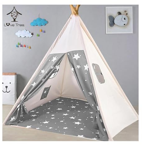 Trafagala Kids Teepee Tent Grey with Star Pattern 160cm CE Certified Childrens Teepee Play Tent Indoor Outdoor Tipi Playhouse Garden Beach Wigwam